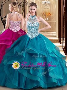 Clearance Halter Top With Train Ball Gowns Sleeveless Teal Sweet 16 Dress Brush Train Lace Up