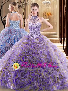 Spectacular Halter Top Sleeveless Sweet 16 Dresses With Brush Train Beading Multi-color Fabric With Rolling Flowers