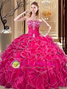 Deluxe Floor Length Hot Pink Quinceanera Dresses Organza Sleeveless Embroidery and Ruffles