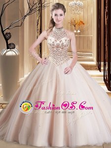 Peach Ball Gowns Halter Top Sleeveless Tulle With Brush Train Lace Up Beading Quince Ball Gowns