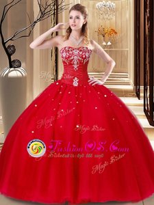 Low Price Red Tulle Lace Up Sweet 16 Quinceanera Dress Sleeveless Floor Length Beading and Embroidery
