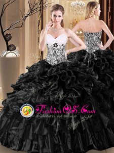 Black Lace Up Sweetheart Ruffles and Pattern 15th Birthday Dress Organza Sleeveless