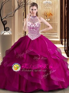 Smart Fuchsia Ball Gowns Tulle Halter Top Sleeveless Beading and Ruffles With Train Lace Up Quinceanera Gown Brush Train