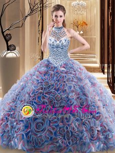 Flirting Halter Top Sleeveless Fabric With Rolling Flowers Quince Ball Gowns Beading Brush Train Lace Up