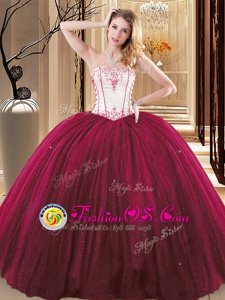 Floor Length Lace Up Quinceanera Dresses Wine Red and In for Military Ball and Sweet 16 and Quinceanera with Embroidery