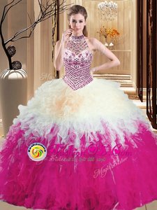 Cute Multi-color Halter Top Neckline Beading and Ruffles Quinceanera Dresses Sleeveless Lace Up