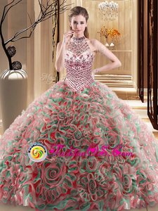 Halter Top Fabric With Rolling Flowers Sleeveless With Train Ball Gown Prom Dress Brush Train and Beading