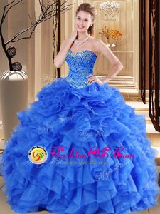 Sleeveless Tulle Floor Length Lace Up Quinceanera Gowns in Royal Blue for with Beading and Ruffles