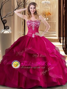 Great Coral Red Ball Gowns Organza Sweetheart Sleeveless Embroidery and Ruffles Floor Length Lace Up Quince Ball Gowns