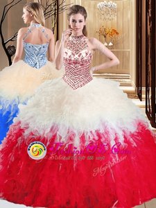 Amazing White And Red Halter Top Lace Up Beading and Ruffles Quinceanera Gowns Sleeveless
