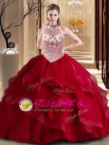 Halter Top With Train Ball Gowns Sleeveless Wine Red Quinceanera Dresses Brush Train Lace Up
