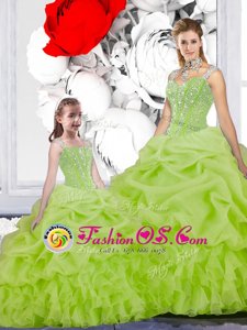 Organza Spaghetti Straps Sleeveless Lace Up Beading and Ruffles and Pick Ups Quince Ball Gowns in Yellow Green