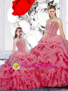 Rose Pink Ball Gowns Organza Straps Sleeveless Beading and Ruffles and Pick Ups Floor Length Lace Up Quinceanera Gown