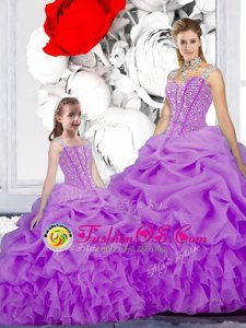 Best Selling Straps Organza Sleeveless Floor Length 15 Quinceanera Dress and Beading and Ruffles and Pick Ups