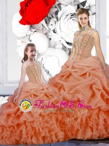 Beauteous Straps Floor Length Orange Sweet 16 Quinceanera Dress Organza Sleeveless Beading and Ruffles and Pick Ups