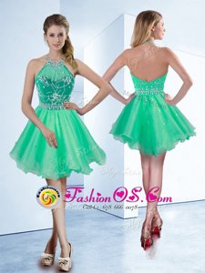 Dramatic A-line Prom Evening Gown Turquoise Halter Top Organza Sleeveless Knee Length Zipper