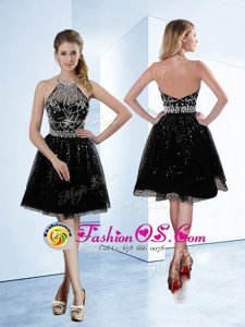 Classical Halter Top Sleeveless Zipper Junior Homecoming Dress Black Tulle