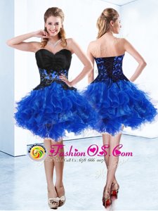 Royal Blue Sleeveless Mini Length Appliques and Ruffles Lace Up Cocktail Dresses