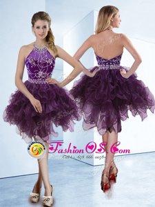 Halter Top Organza Sleeveless Knee Length Prom Gown and Beading