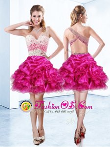 New Arrival One Shoulder Knee Length Criss Cross Dress for Prom Fuchsia and In for Prom and Party with Beading and Ruffles and Pick Ups