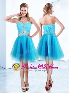 Blue Sweetheart Neckline Beading and Ruching Prom Party Dress Sleeveless Lace Up