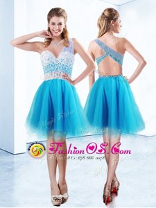 One Shoulder Knee Length Criss Cross Prom Dresses Baby Blue and In for Prom and Party with Beading