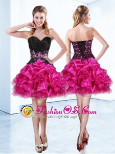 Fuchsia Organza Lace Up Sweetheart Sleeveless Mini Length Cocktail Dress Beading and Ruffles and Pick Ups