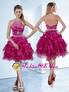 Vintage Organza Halter Top Sleeveless Zipper Beading and Ruffles and Pick Ups Prom Evening Gown in Fuchsia