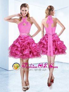 Halter Top Hot Pink Organza Zipper Prom Evening Gown Sleeveless Mini Length Ruffles and Ruching and Belt