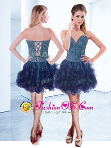 Pretty Beading Club Wear Navy Blue Lace Up Sleeveless Mini Length