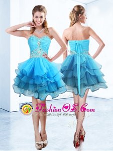 Sophisticated Blue Ball Gowns Beading and Ruffled Layers Prom Dress Lace Up Organza Sleeveless Mini Length