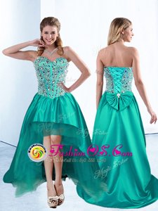 Satin Sleeveless High Low Prom Dress and Beading and Bowknot