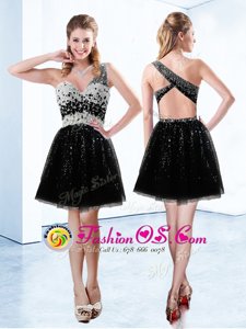 Artistic Sweetheart Sleeveless Prom Party Dress Mini Length Beading and Sequins Black Tulle