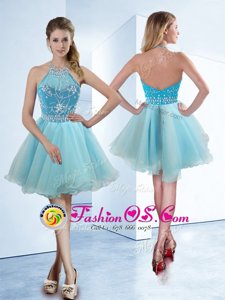 Halter Top Light Blue Organza Zipper Dress for Prom Sleeveless Knee Length Beading