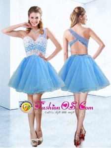Super One Shoulder Baby Blue Sleeveless Beading Knee Length Evening Dress