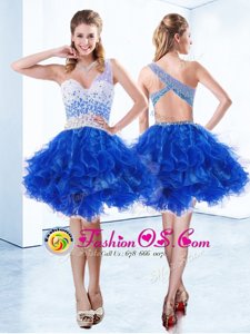 Sophisticated One Shoulder Beading and Ruffles Club Wear Royal Blue Criss Cross Sleeveless Knee Length