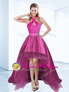 Lovely Halter Top Satin Sleeveless High Low Mother Of The Bride Dress and Ruching and Bowknot and Belt