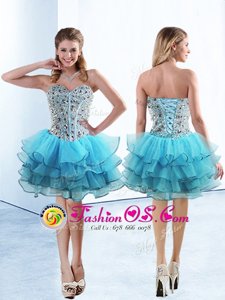 Ruffled Knee Length A-line Sleeveless Baby Blue Evening Dress Lace Up