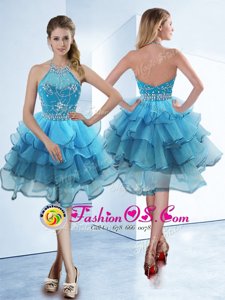 Hot Sale Halter Top Baby Blue Zipper Prom Dresses Beading and Ruffled Layers Sleeveless Tea Length