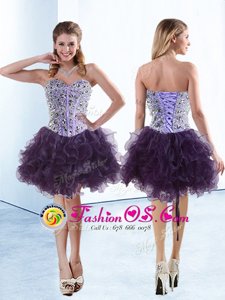 Knee Length Purple Cocktail Dresses Organza Sleeveless Beading and Ruffles