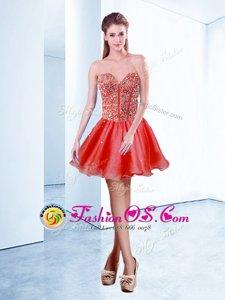 Custom Design Red Organza Lace Up V-neck Sleeveless Mini Length Cocktail Dresses Beading