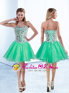 Luxurious Knee Length Turquoise Prom Evening Gown Organza Sleeveless Beading