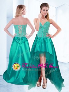Super Sleeveless High Low Beading Lace Up Evening Outfits with Turquoise