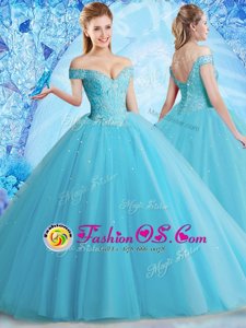 Trendy Floor Length Aqua Blue Quinceanera Gown Off The Shoulder Sleeveless Lace Up