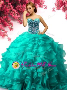 Turquoise Ball Gowns Organza Sweetheart Sleeveless Beading and Ruffles Floor Length Lace Up Sweet 16 Dress