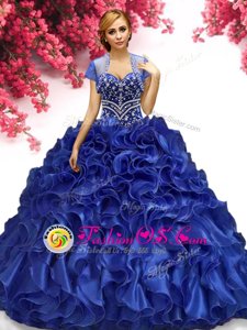 Classical Royal Blue Ball Gowns Beading and Ruffles 15 Quinceanera Dress Lace Up Organza Sleeveless Floor Length