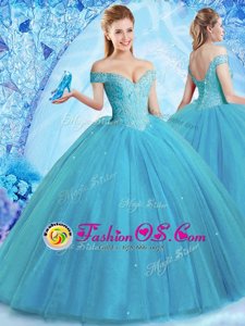 Teal Ball Gowns Off The Shoulder Sleeveless Tulle With Brush Train Lace Up Beading Quinceanera Dresses