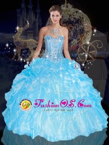 Blue Lace Up Ball Gown Prom Dress Beading and Ruffles Sleeveless Floor Length