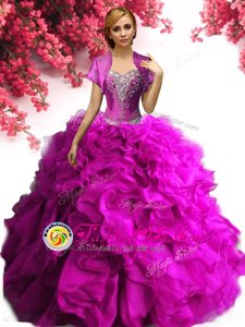 Fuchsia Sleeveless Beading and Ruffles Floor Length Ball Gown Prom Dress