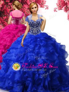 Royal Blue Ball Gowns Organza Sweetheart Sleeveless Beading and Ruffles Floor Length Lace Up Vestidos de Quinceanera